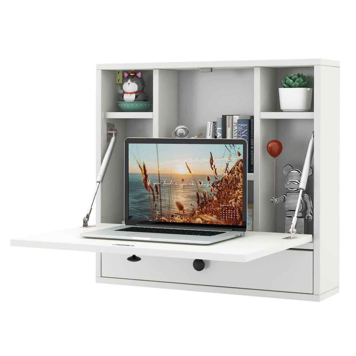 Tangkula Wall Mounted Desk, Folding Wall Table Floating Desk Wall Mount Laptop Desk, Space Saving Wall Mounted Table Wall Desk with Storage Drawer & Shelves (White) Tangkula