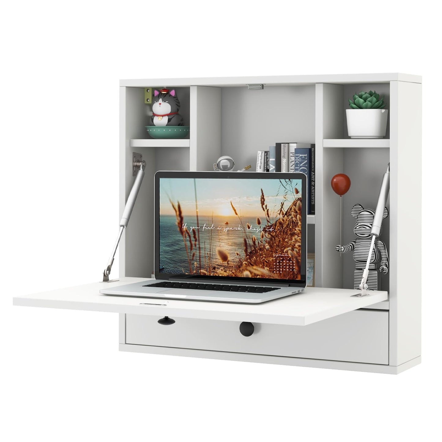 Tangkula Wall Mounted Desk, Folding Wall Table Floating Desk Wall Mount Laptop Desk, Space Saving Wall Mounted Table Wall Desk with Storage Drawer & Shelves (White) - WoodArtSupply