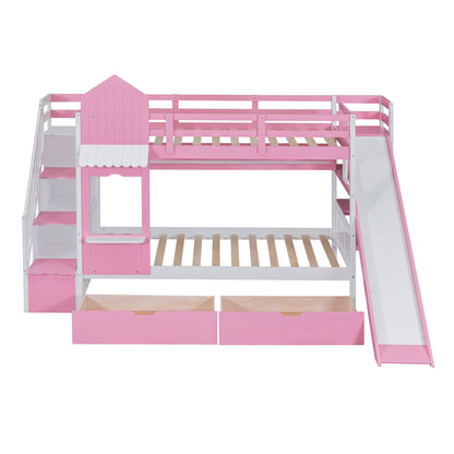 Harper & Bright Designs Twin Over Twin Bunk Bed with Stairs & Slide, Castle Style Bunk Beds with Storage Drawers and Shelves, Wooden Bunk Bed Frame for Kids, Teens, Boys & Girls (Pink)