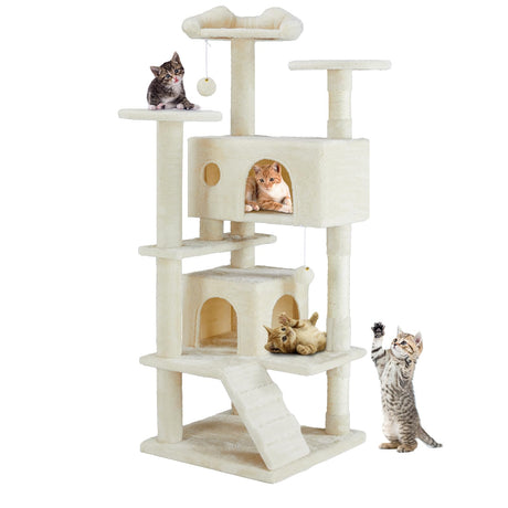 DUMOS 54-inch Indoor Cat Tree Tower –Multi-Level Pet House for Large Cats with 2 Condos, Scratching Posts, Round Platform, Small Ladder, and Toys, Beige DUMOS