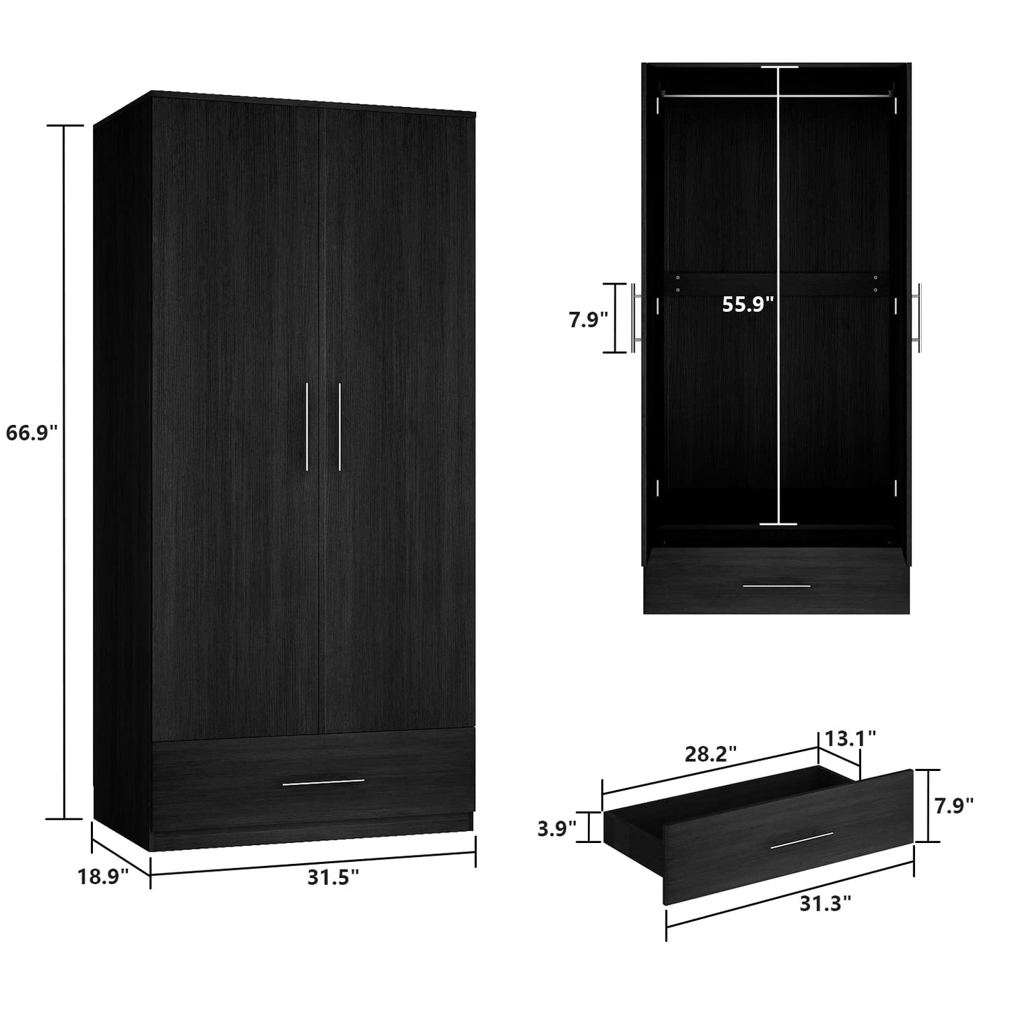 AIEGLE 2 Doors Wardrobe Armoire with Drawer, Freestanding Armoire Wardrobe Closet with Hanging Rod, Bedroom Wood Clothes Storage Cabinet Organizer, White (31.5" W x 18.9" D x 66.9" H)