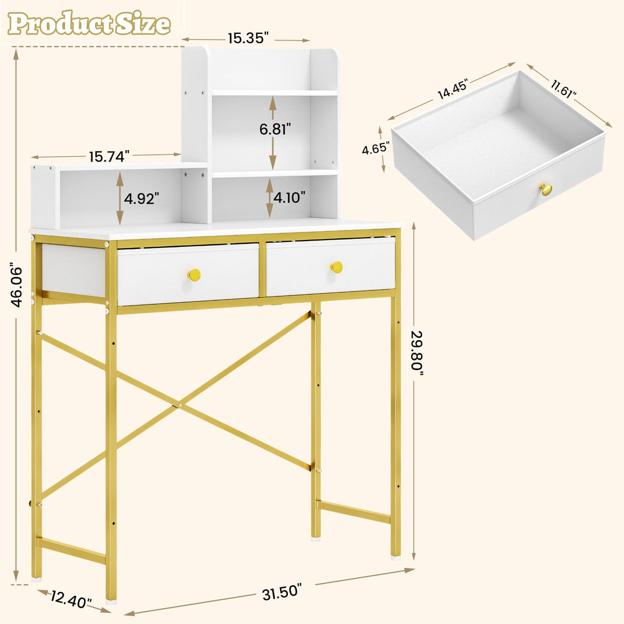 Makeup Vanity Desk No Mirror for Bedroom, Vanity Table Set with 2 Drawer and Open Storage Shelves, Small Vanity for Small Spaces, White and Gold, 31.5in(L) ThreeHio