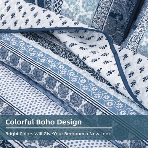 WONGS BEDDING Boho Quilt Set Queen Size, Navy Blue Bohemian 3 Pieces Quilt Sets, Lightweight Microfiber Bedspread Coverlet Bedding Set for All Season (96"x90") WONGS BEDDING