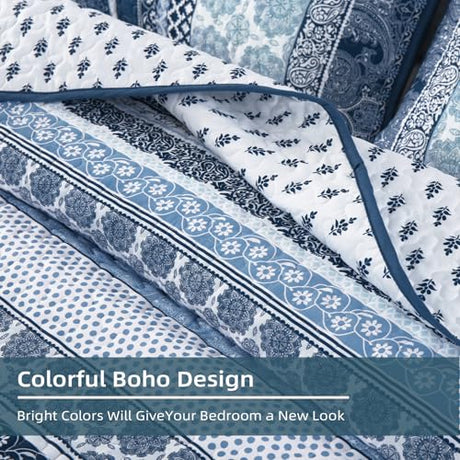 WONGS BEDDING Boho Quilt Set Queen Size, Navy Blue Bohemian 3 Pieces Quilt Sets, Lightweight Microfiber Bedspread Coverlet Bedding Set for All Season (96"x90") WONGS BEDDING