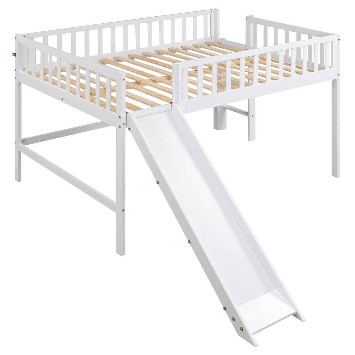 Harper & Bright Designs Full Size Low Loft Bed with Slide, High Guardrail & Ladder, Kids Wooden Full Loft Bed Frame for Girls,Boys, No Box Spring Needed, White Harper & Bright Designs