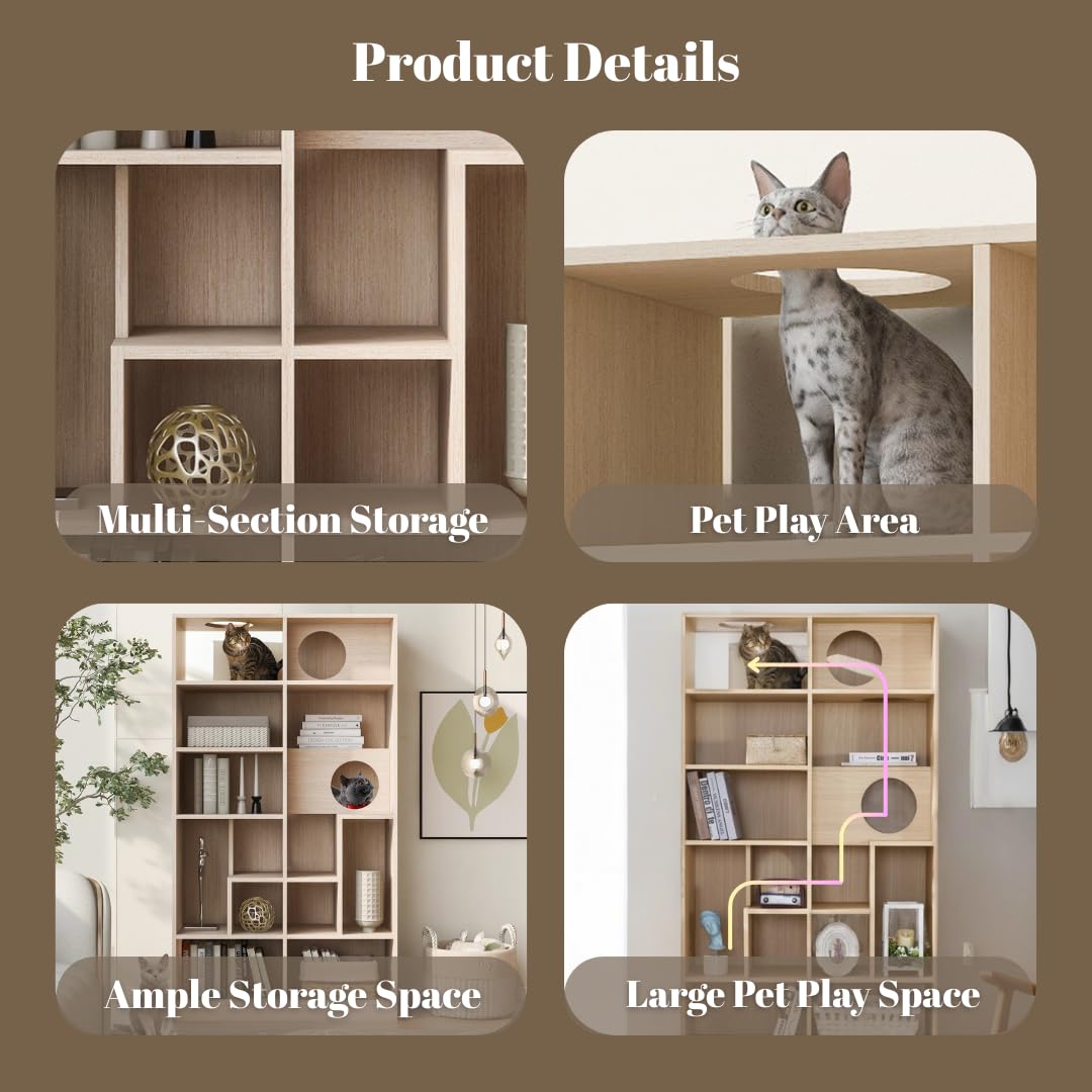 Muelartique Modern 2-in-1 Cat Tree Bookshelf with Litter Box Enclosure, 63.5" Tall Multi-Level Cat Climbing Shelves with Storage, Cat Furniture for Indoor Cats, Natural Muelartique