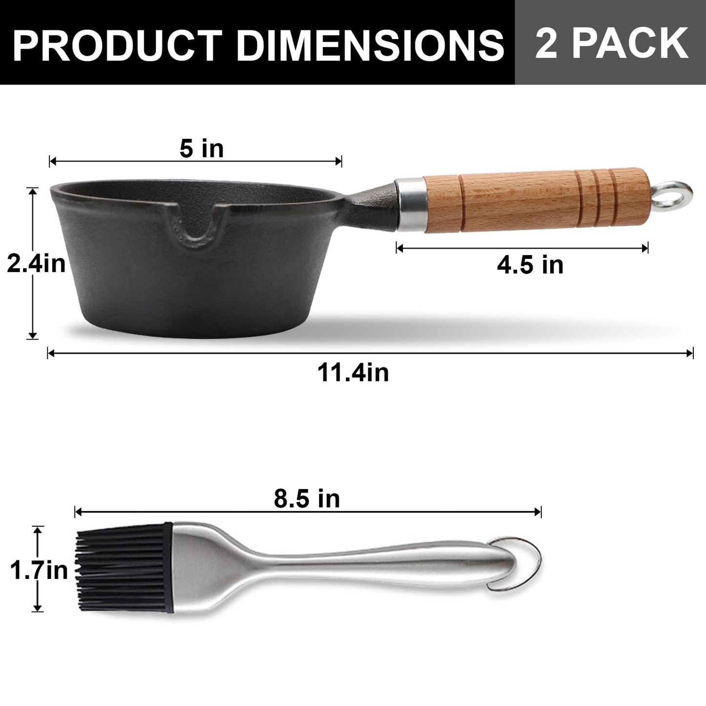 Svailse Cast Iron Basting Pot and Stainless Steel BBQ Brush, Cast Iron Melting Pot with Wooden Handle for Meat Smoker, Grill and Stove, BBQ Basting Set, Mini Cast Iron Bowl for Sauces, 15 Oz