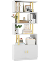 Yusong Geometric Bookcase with Cabinet, S Shaped Bookshelf 5-Tier Book Shelves for Bedroom, Modern Wood Decorative Display Shelf Tall Book Case for Home Office, Gold and White Yusong