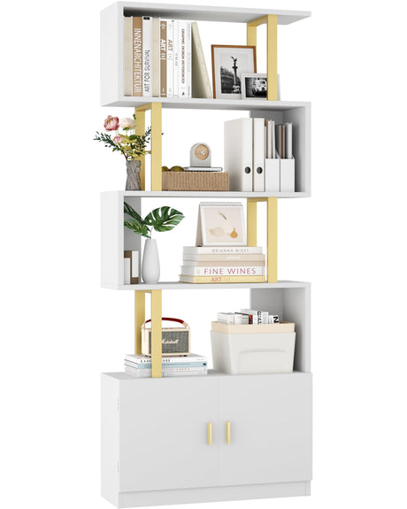 Yusong Geometric Bookcase with Cabinet, S Shaped Bookshelf 5-Tier Book Shelves for Bedroom, Modern Wood Decorative Display Shelf Tall Book Case for Home Office, Gold and White Yusong