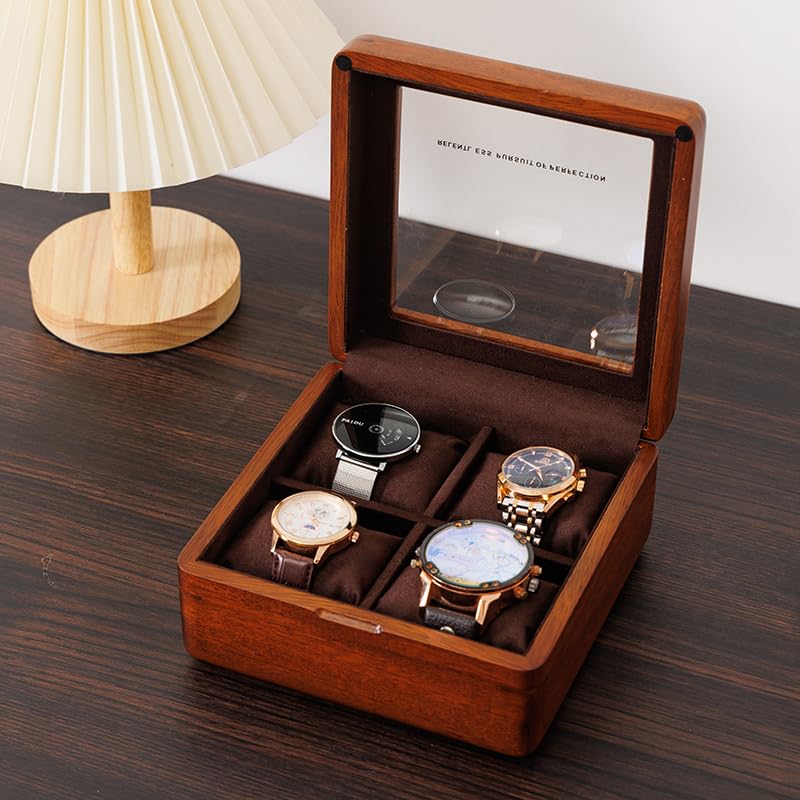 LIBOLXSP Watch Box for Men,4 Slot Wooden Watch Case with Glass Lid, Watch Holder Storage Organizer for Men's Watch Display Watch Travel Case LIBOLXSP