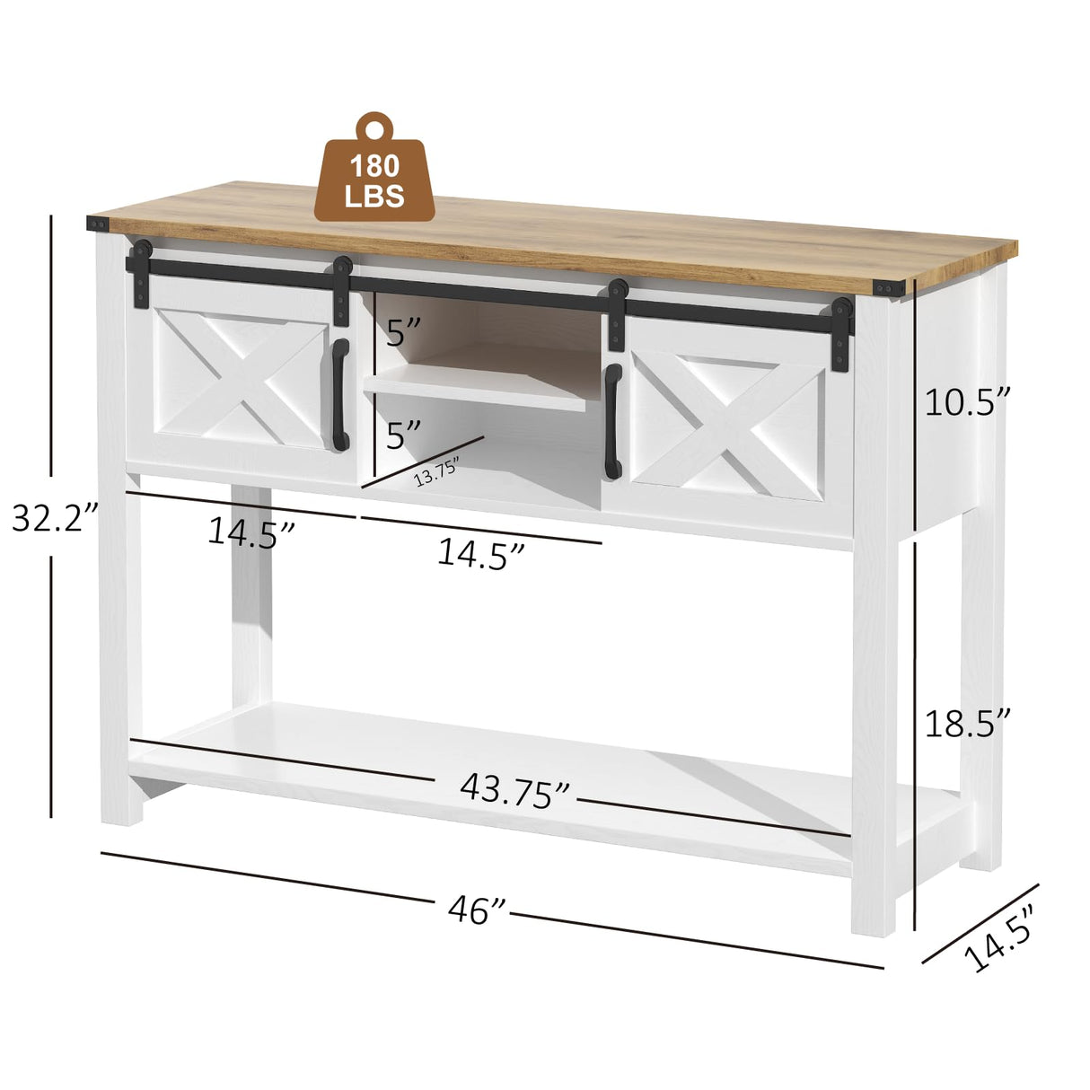 HXBOAUVS Farmhouse Entryway Table with LED Light, Sofa Table with Sliding Barn Door, Adjustable Open Shelves, 46" Rustic Console Table with Storage, Antique White Hallway for Living Room Bedroom HXBOAUVS