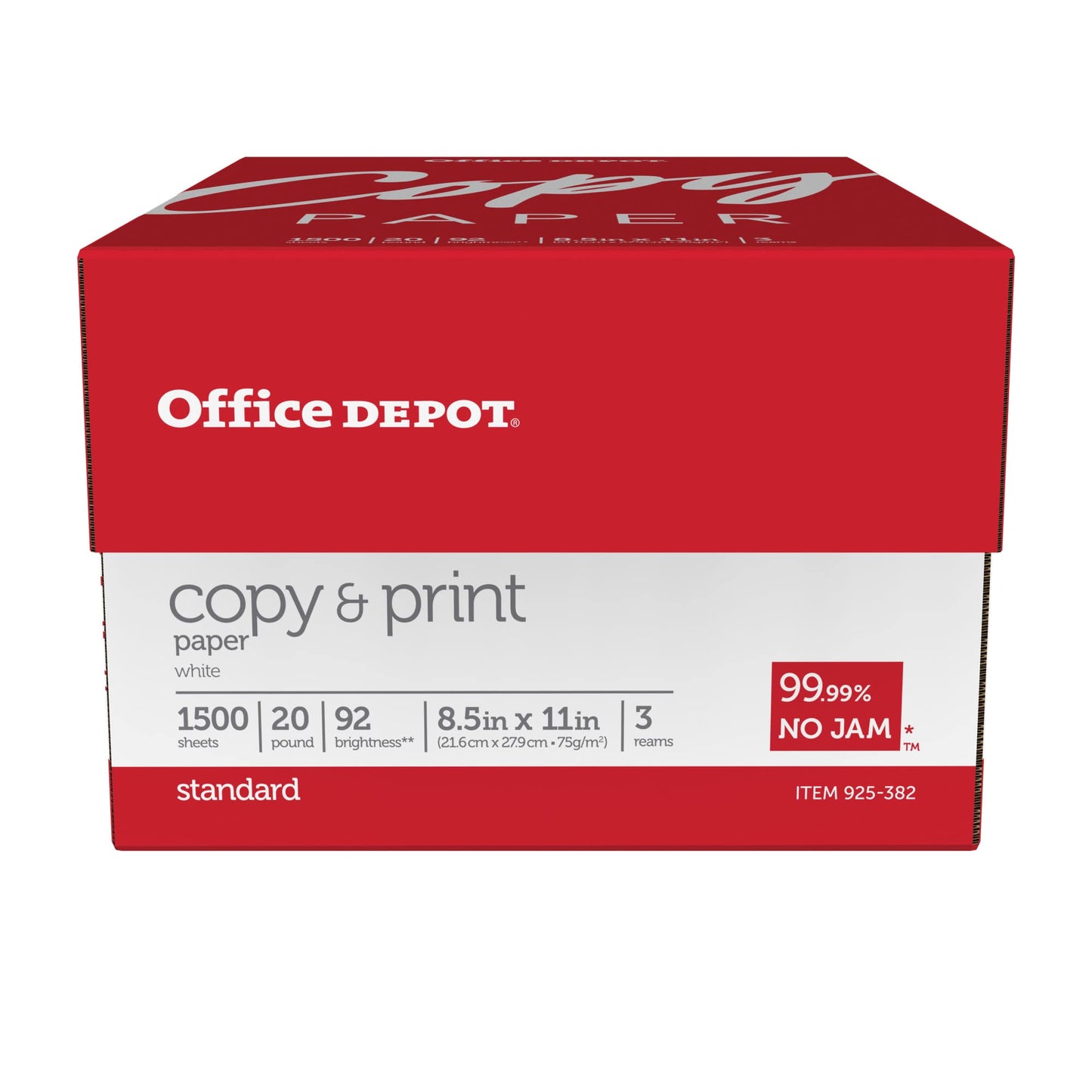 Office Depot Copy Print Paper, 8 1/2in. x 11in., 20 Lb, Bright White, 500 Sheets Per Ream, Case Of 3 Reams, 1008