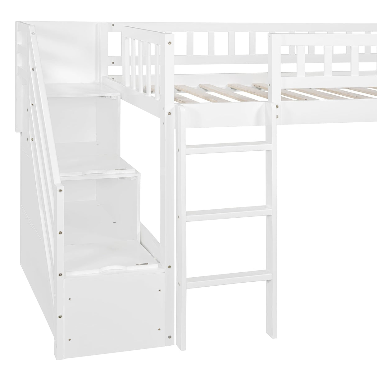 Twin Size Loft Bed Frame with Slide and Stairs for Kids,Twin Size Low Loft Bed with Slide and Drawers,Wood Kids Loft Bed Frame for Boys Girls Teens,White Bellemave