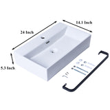 VCCUCINE 24"x14"Wall Mounted Bathroom Vessel Sink with Towel Rack,Wall Hung Porcelain Ceramic Sink,White Floating Rectangular Lavatory Vanity Small Bathroom Sink With Single Faucet Hole and Overflow VC CUCINE