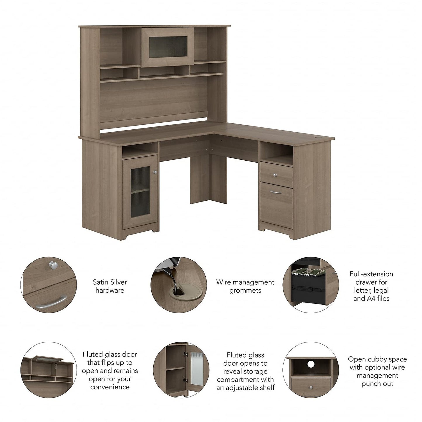 Bush Furniture Cabot L Shaped Desk with Hutch | Corner Desk with Storage for Home Office in Ash Gray | 60W L Shaped Computer Desk - WoodArtSupply