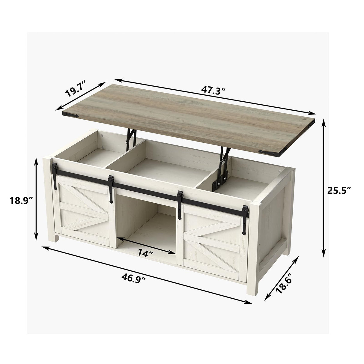 Furnihold 47.3''Lift Top Coffee Table, Farmhouse Center Table with Large Storage & Sliding Barn Doors, Modern Rectangular White Cocktail Table for Living Room, Grey Top Furnihold