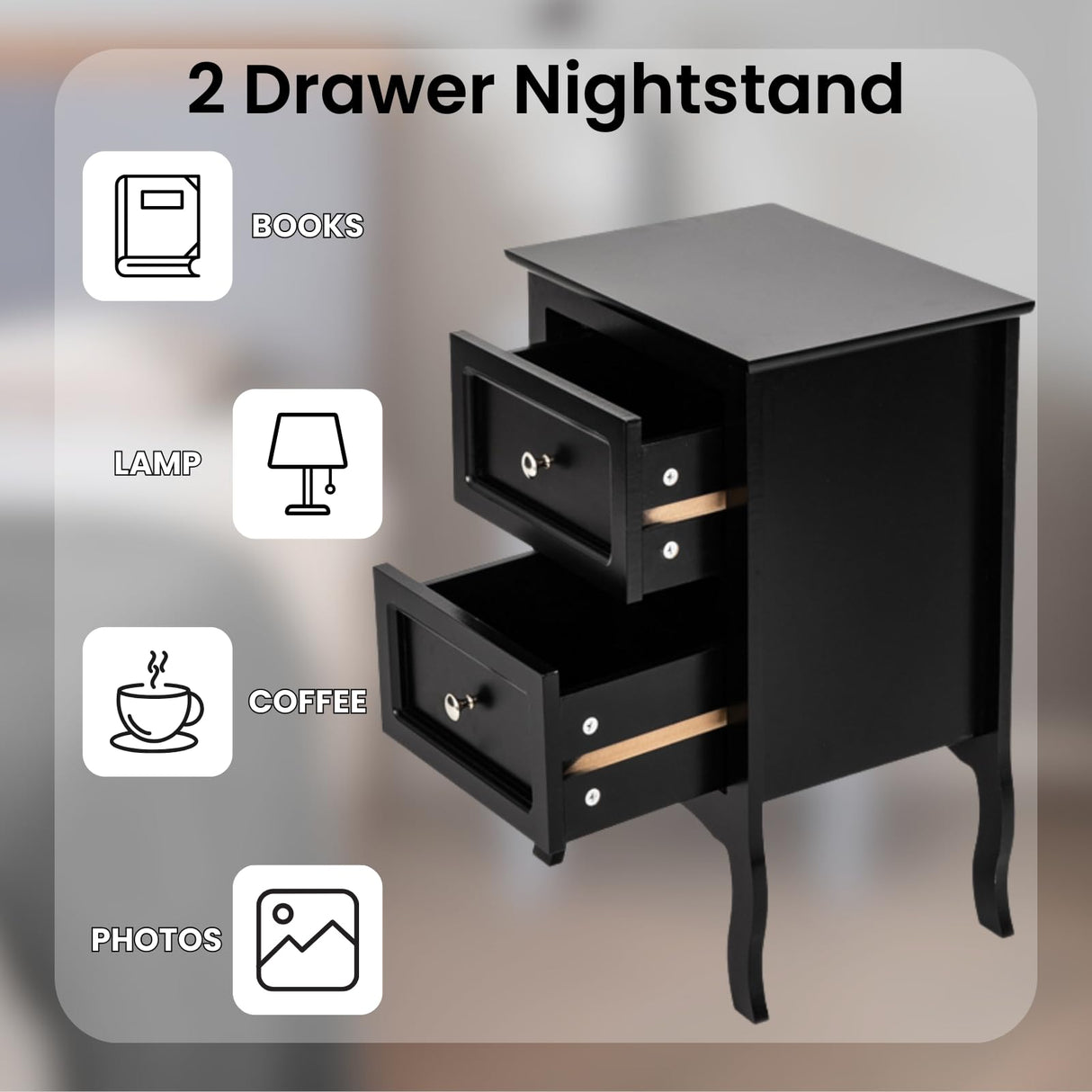 Karl home Black Nightstand Set of 2 for Bedroom, Vintage Small Night Stand with Drawers, Farmhouse Side Table, Wooden End Tables with Curved Legs for Office, Mid-Century Karl home