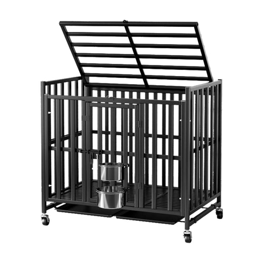 Cubangaroo 42/38-Inch Heavy Duty Rugged Dog Crate, Escape Proof Crate Indoor with Two Dog Bowls with Lockable Wheels, High Anxiety Double Doors for Medium to Large Dogs with Removable Tray