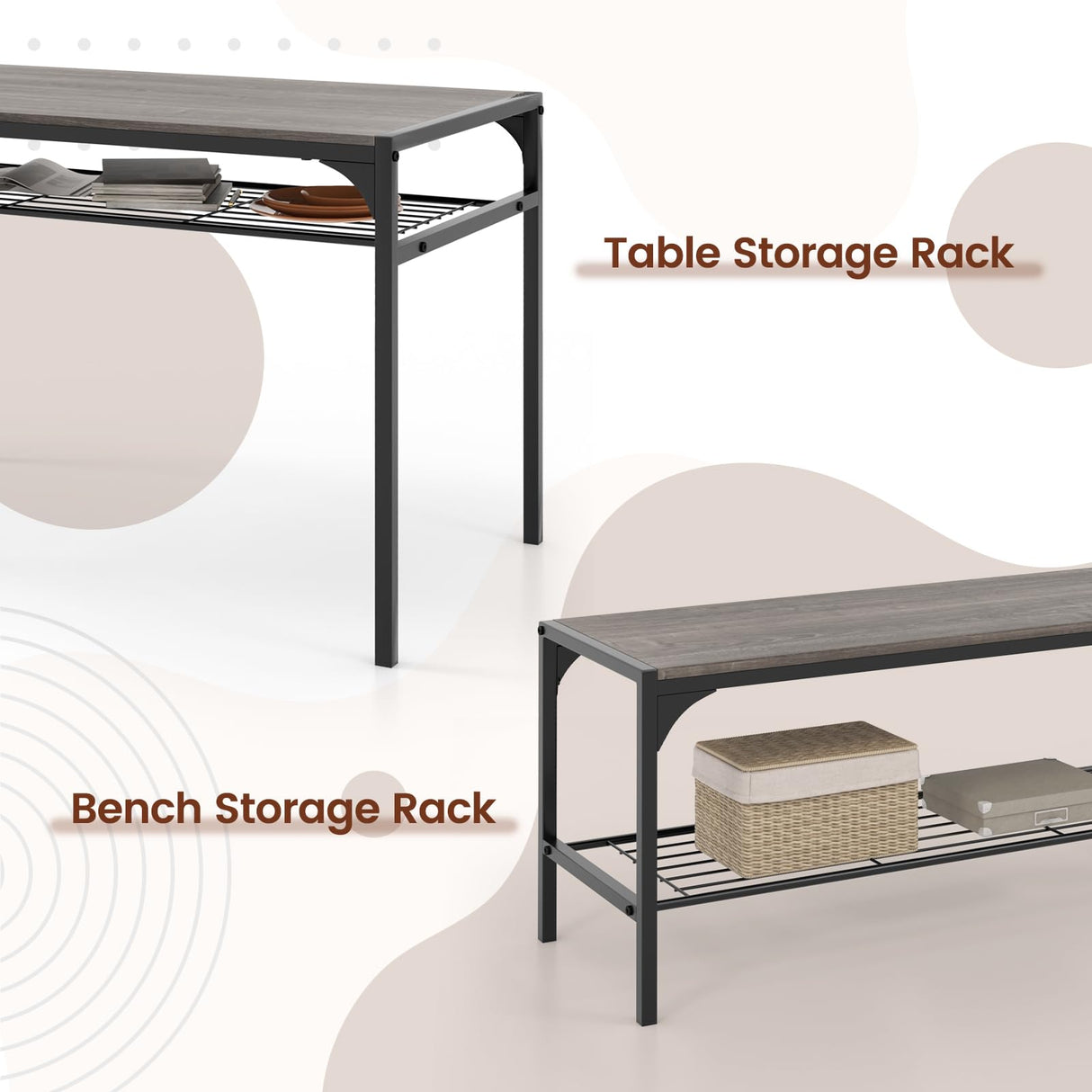 COSTWAY 4 Pieces Dining Table Set, Kitchen Table and 2 Chairs for 4 with Bench, Storage Racks, Metal Frame & Space-saving Design, Industrial Kitchen Table Set for Small Space, Apartment (Black & Grey) COSTWAY