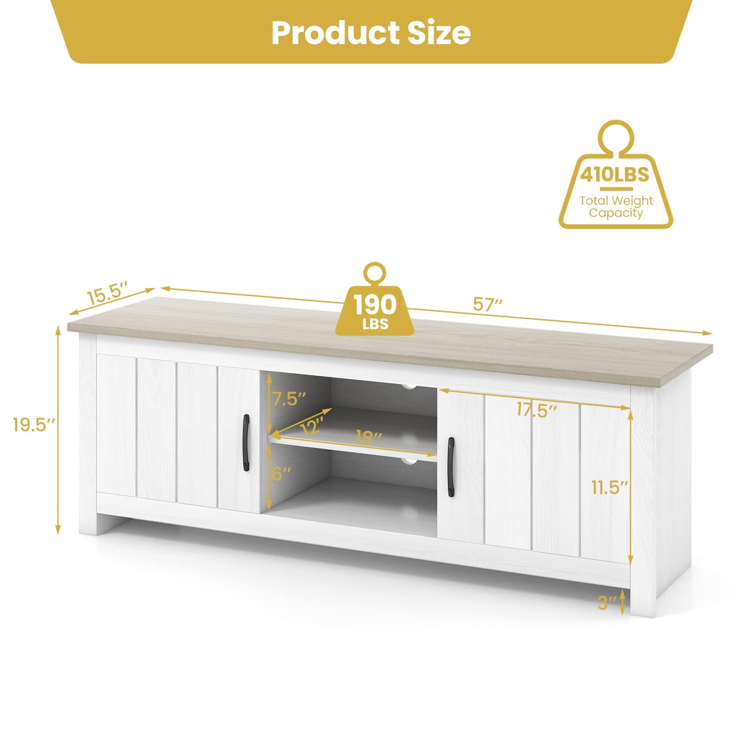 Tangkula 2 Doors TV Stand for TVs up to 65”, 57” TV Console Table w/ 2 Cabinets & Open Shelves, 2 Cable Management Holes. Wood Media Entertainment Center TV Cabinet for Living Room (White Oak)