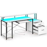 Rolanstar Computer Desk 59" with File Drawer, Gaming Desk with LED Light & Power Outlets, Home Office Desk with File Cabinet & Storage Shelves, with Monitor Stand & Keyboard Tray, White Rolanstar