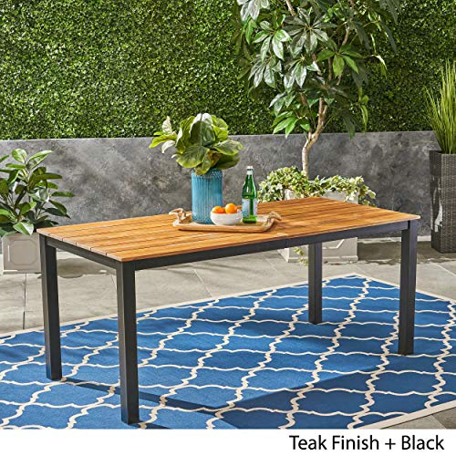 Christopher Knight Home Zak Outdoor 71" Acacia Wood Dining Table, Teak Finish, Black - WoodArtSupply