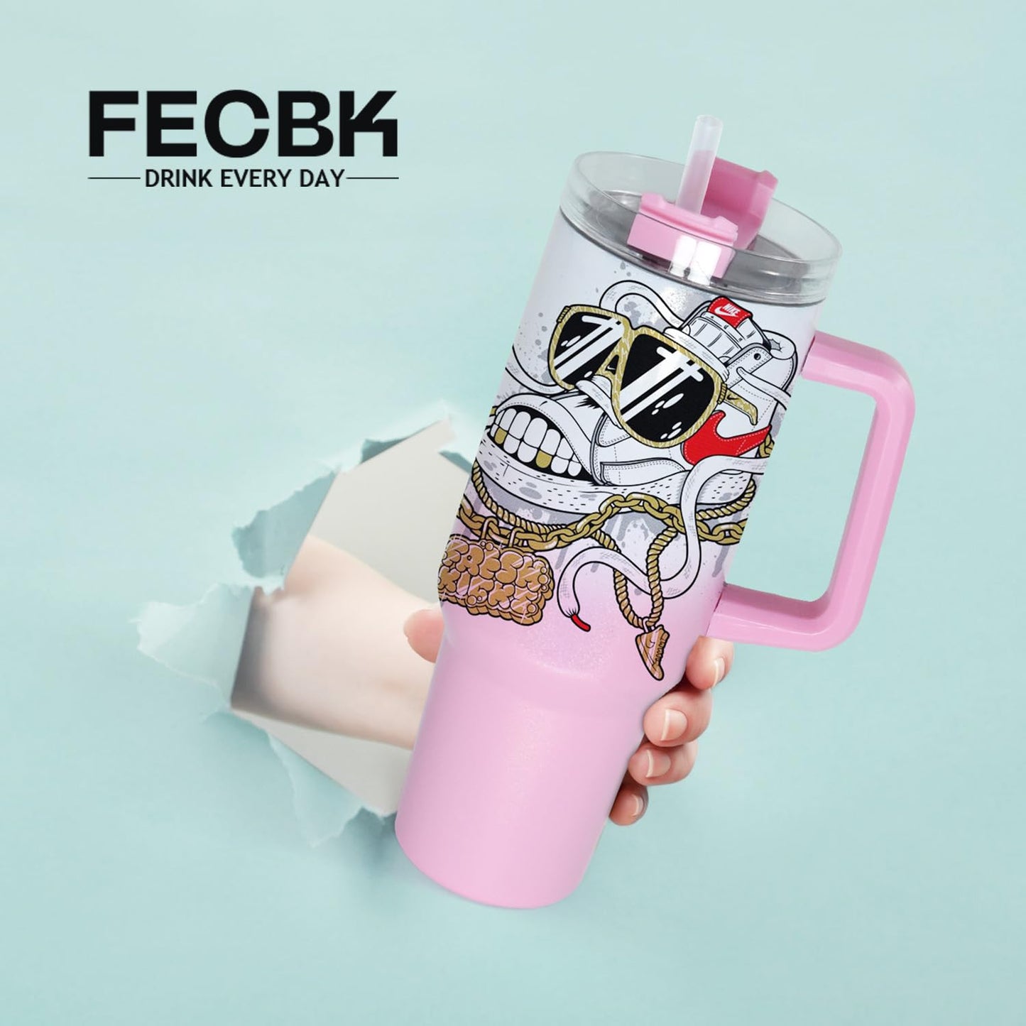 FECBK 40oz Sublimation Tumbler with Handle 2 Pack Sublimation 40 oz Tumbler with Removable Handle and Straw Lid Stainless Steel Insulated Tumbler Blanks for Keep Hot/Cold Hours, Diy Gift, Pink