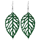 Handmade Bohemian Natural Wooden Leaf Dangle Drop Earrings Lightweight Vintage Hollow Feather Hook Earrings for Women Statement Boho Jewelry Gifts (Dark Green) SLSF