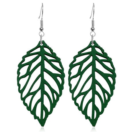 Handmade Bohemian Natural Wooden Leaf Dangle Drop Earrings Lightweight Vintage Hollow Feather Hook Earrings for Women Statement Boho Jewelry Gifts (Dark Green) SLSF