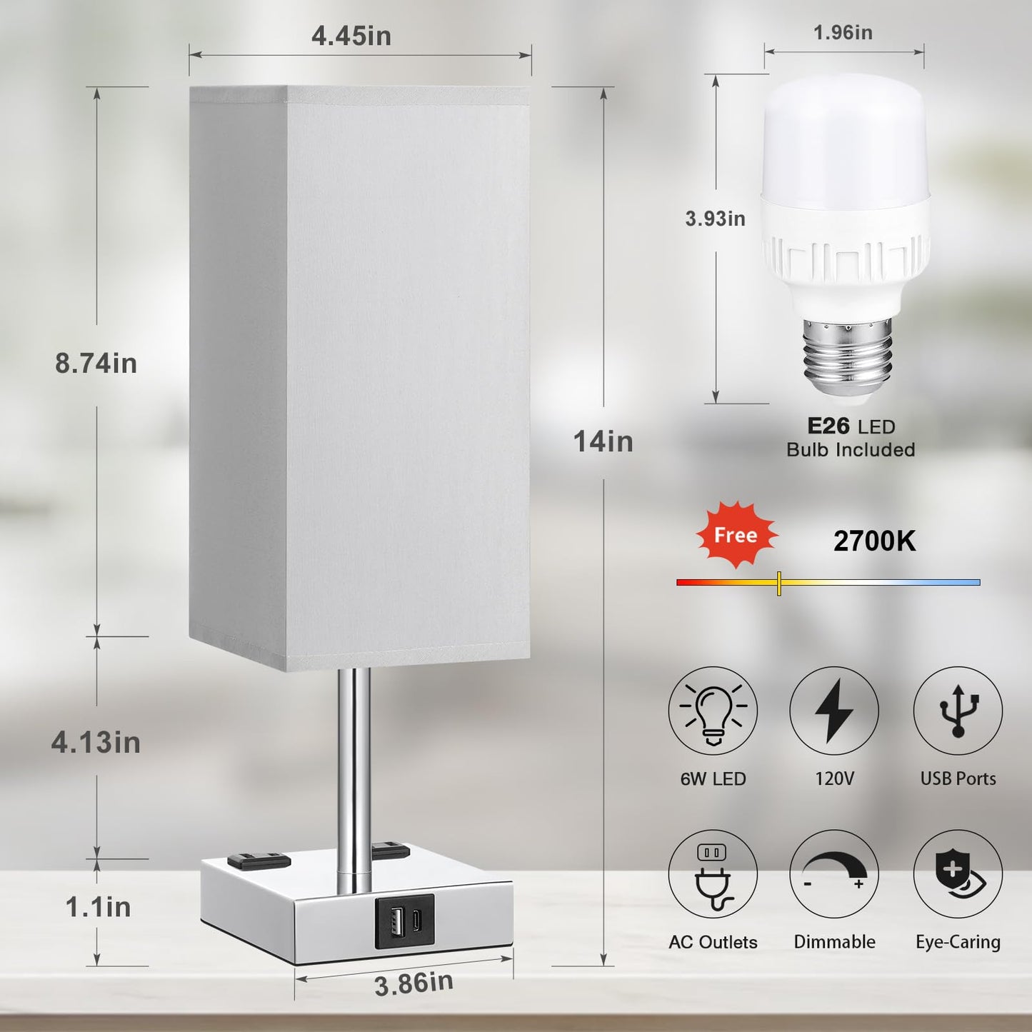 【Upgraded】Bedside Table Lamp Touch Control, with USB C+A Charging Ports & Dual AC Outlets, 3-Way Nightstand Lamp for Bedroom with LampShade Living Room Office(LED Dimmable Bulb Included)