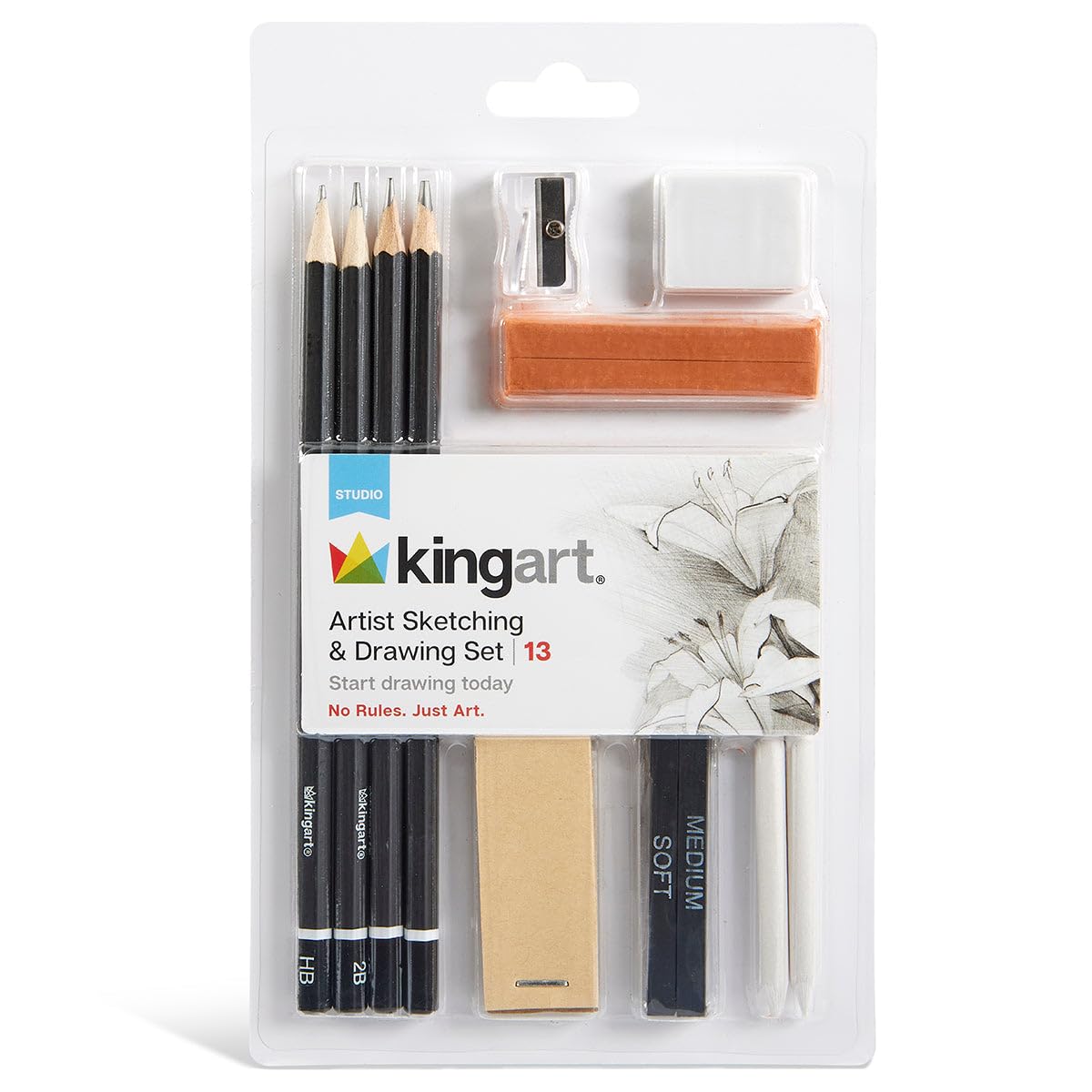 KINGART 13-Piece Sketching & Drawing Set – Complete Artist Kit with Graphite, Charcoal & Pastel Pencils, Blending Tools & Eraser in Portable Case – Art Supplies for Beginners & Professional Artists KINGART