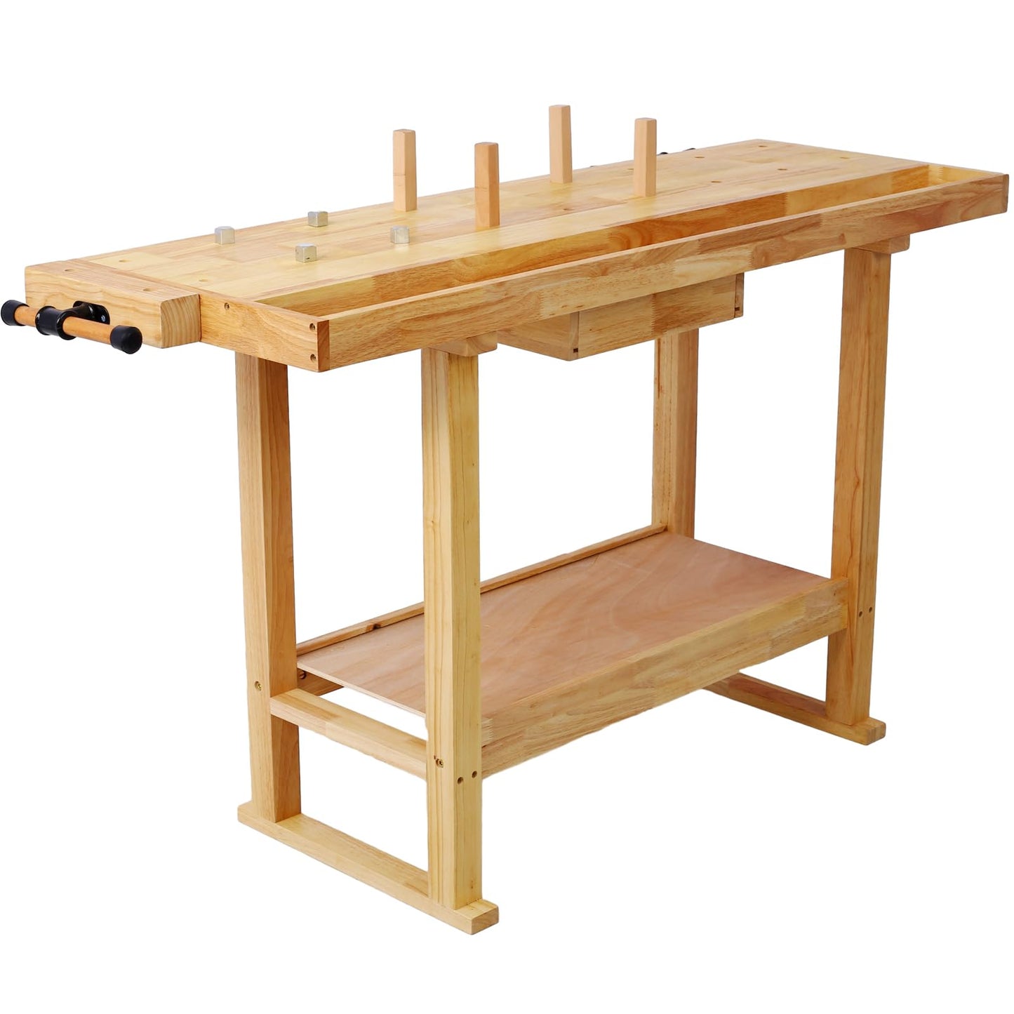 55" Solid Wood Workbench with 1 Drawer and 1 Shelf, Professional Rubberwood Wooden Workbench for Garage and Woodworking Carpenter Workshop 330 lbs Capacity (Natural) - WoodArtSupply