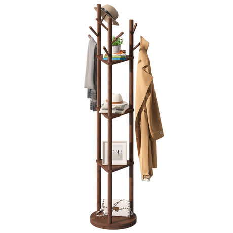 FILWH Bamboo Coat Rack Rotary Freestanding with Shelf Coat Tree Rack Stand for Hallway Entryway Coat Hanger Stand with 9 Hooks 3 Storage Shelves(Brown) FILWH