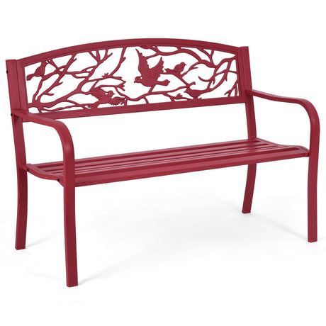 Giantex 50”Outdoor Bench with Cast Iron Backrest & Ergonomic Armrest,600 lbs Steel Metal Frame, Garden Bench for Park Front Porch Patio Lawn Backyard Balcony Path Entryway Deck, Red Bird Pattern Giantex