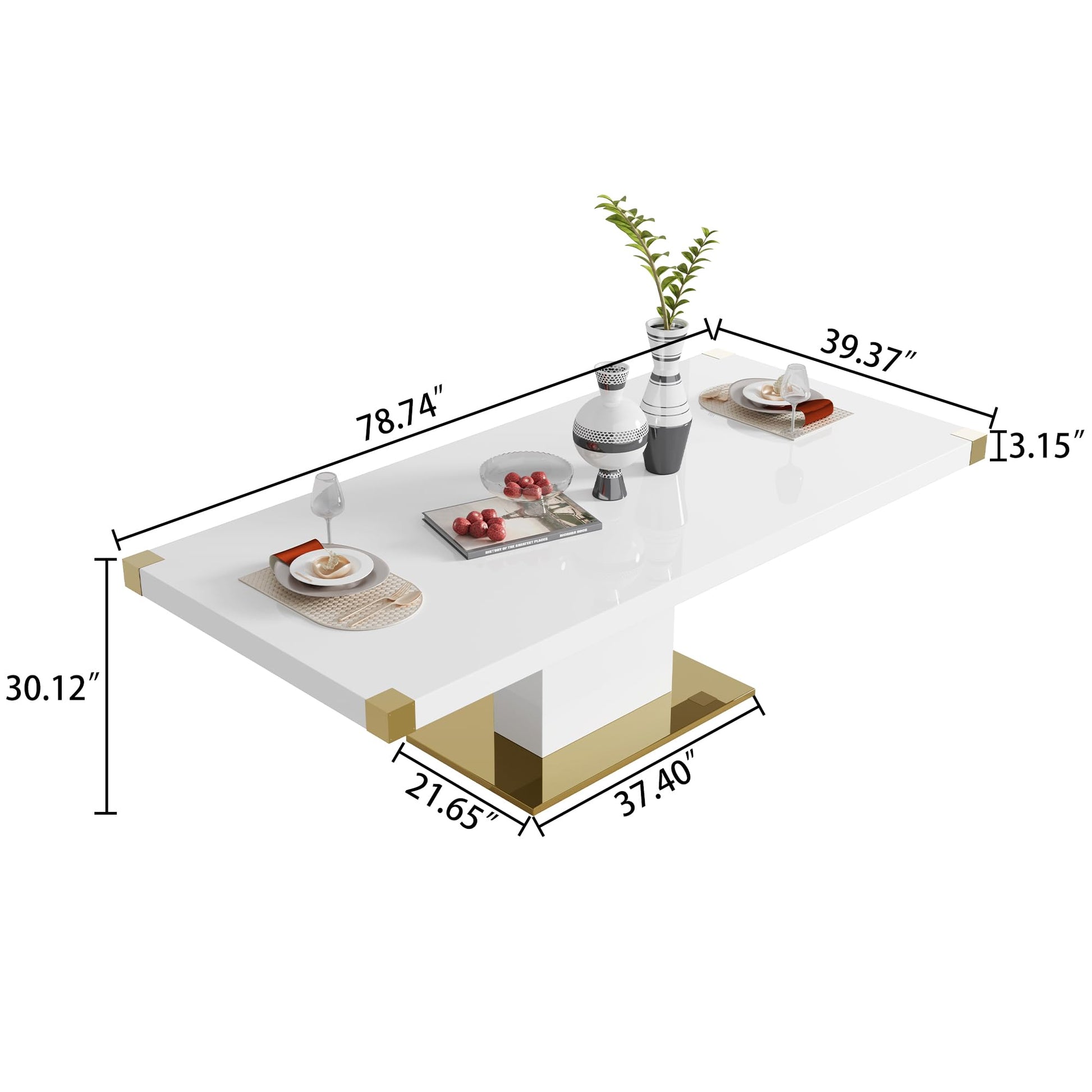 SSLine Modern White Wood Dining Table for 8-10 Rectangle Long Kitchen Table for 8 Luxury 79" Wood Top Dining Room Table with Pillar Gold Steel Pedestal Base Large Home Office Meeting Table - WoodArtSupply