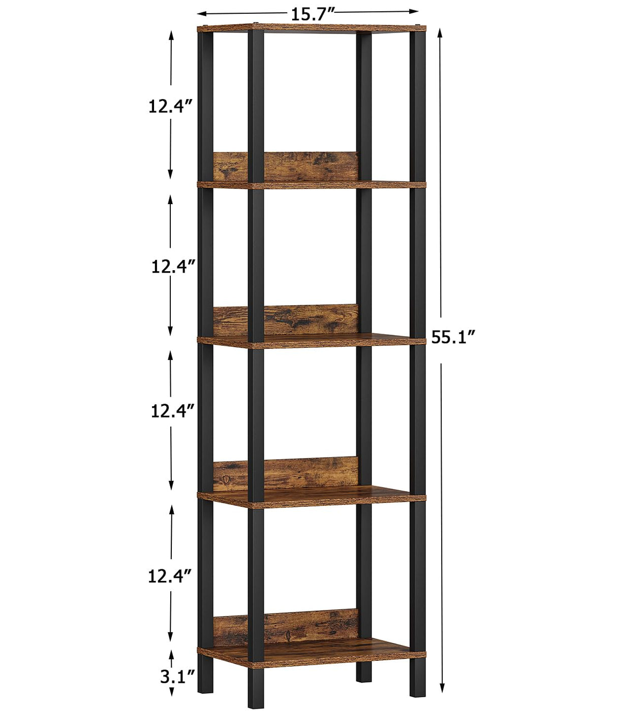 VIMBER 5-Tier Bookshelf with Anti-Fall Baffle, Tall Bookcase for Books, Garage Kit, CDs, Movies, Industrial Standing Bookshelves Storage Organizer for Bedroom Office Living Room USSJ001F VIMBER