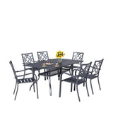 Oakcloud 7-Piece Patio Dining Set, Outdoor Metal Furniture Dining Table Set 6 Stackable Patio Dining Chairs and Rectangle Dining Table with Umbrella Hole, Black Oakcloud