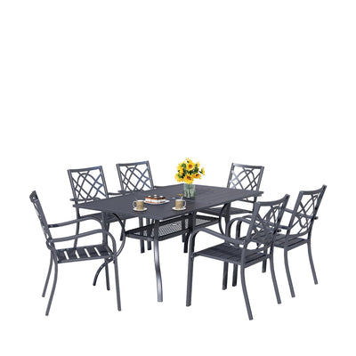 Omelaza 7 Pieces Patio Metal Furniture Outdoor Dining Set with 6 Stackable Bistro Chairs, and 60'' x 37'' Rectangle Table with Umbrella Hole (Black)