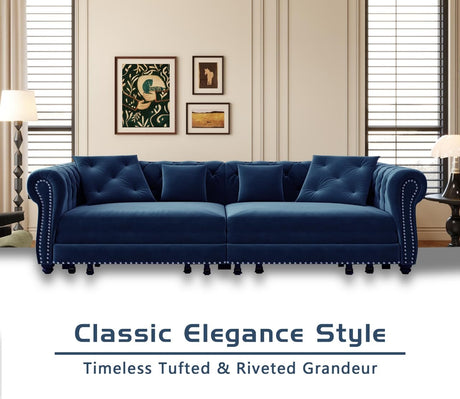 LuxyHoom 89" King Pull Out Sofa Bed, Velvet Chesterfield Sleeper Sofa Couch, 3 in 1 Convertible Tufted Futon Couches with Ottoman for Living Room, Small Space, Apartment, Office, Bedroom, Blue LuxyHoom