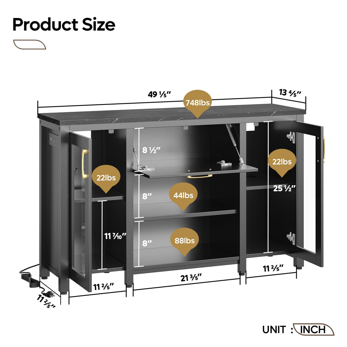 Bestier 55 Gallon Fish Tank Stand with Power Outlet & LED Light, 49.2"x13.8" Heavy-Duty Aquarium Stand with Storage, Dual Glass Cabinet, 8 Thicken Metal Legs, Suit for Reptile/Turtle Terrarium(Black) Bestier