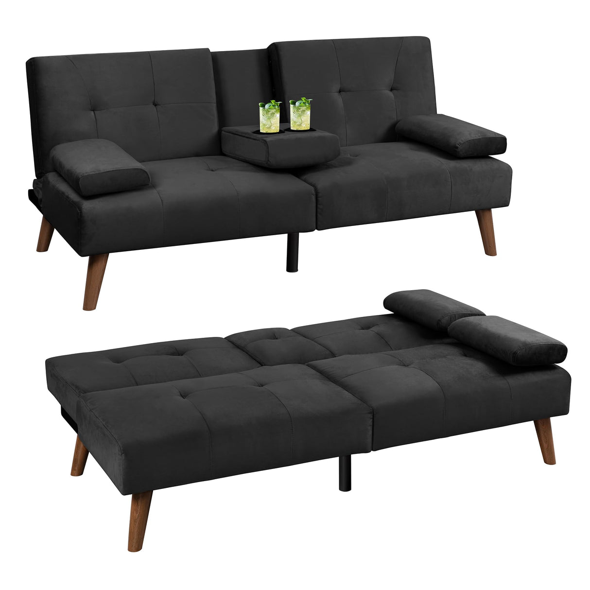 JAMFLY Futon Couch Sofa Bed Convertible, Small Sleeper Sofa Chair Loveseat with Cup Holder for Small Spaces, Living Room, Bedroom, Gameroom, Apartment, Dorm (Black) JAMFLY