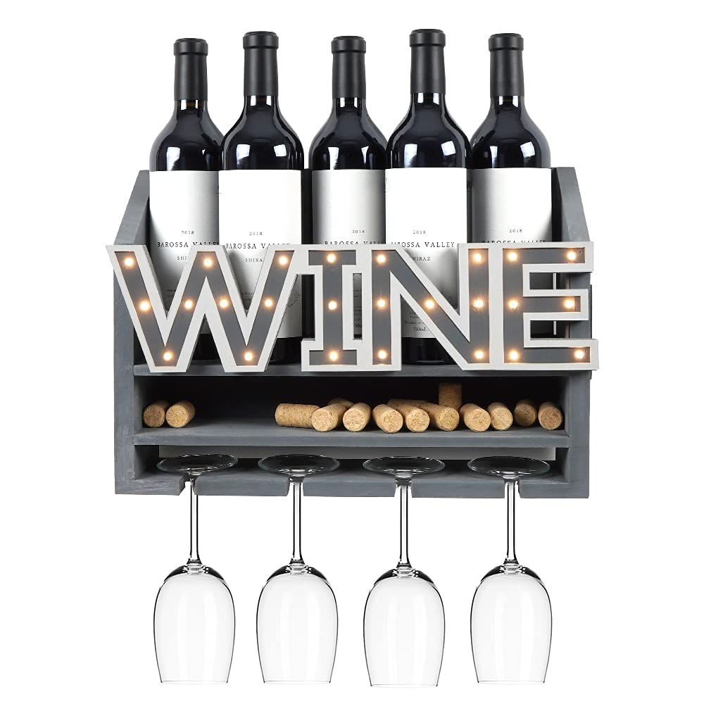 Shikha LED Wooden Wall Mounted Wine Rack and Glass Holder –Rustic Wine Bottle & Glass Holder & Wine Cork Storage Modern Home Decor 5 Bottle and 4 Glass Holder - WoodArtSupply