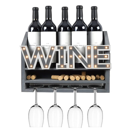Shikha LED Wooden Wall Mounted Wine Rack and Glass Holder –Rustic Wine Bottle & Glass Holder & Wine Cork Storage Modern Home Decor 5 Bottle and 4 Glass Holder Shikha