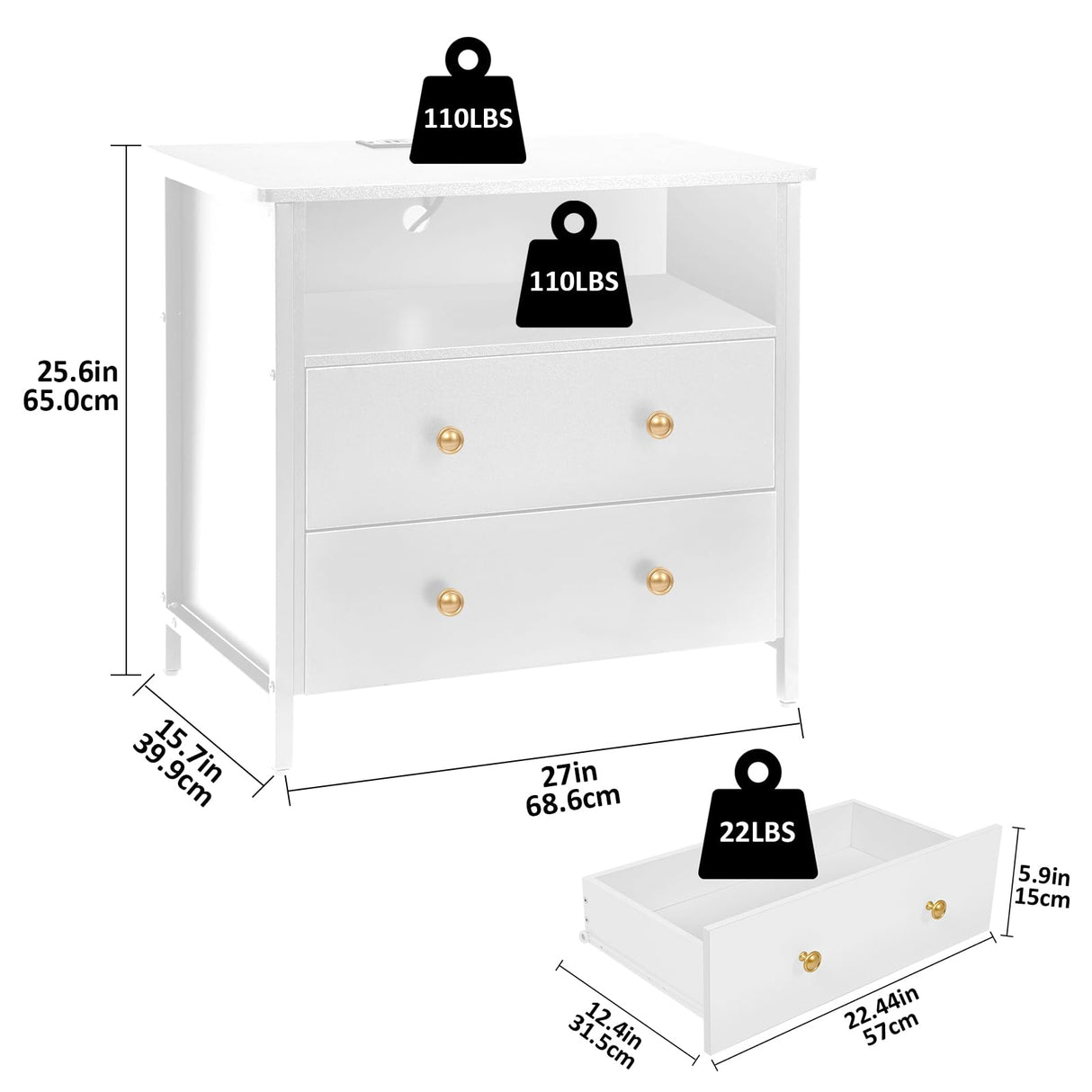 Tykacna 27 Inch Wide Night Stand, Wooden Night Stand with 2 Drawers, LED Nightstands with Charging Station and Adjustable Drawer for Living Room/Bedroom/Study/Office Nightstand, White. Tykacna