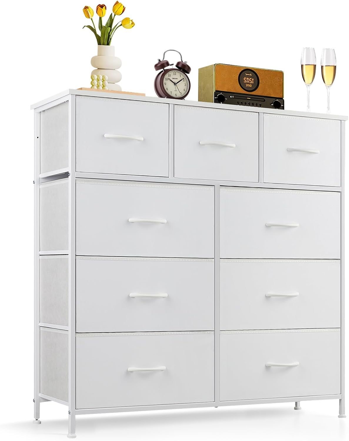 9-Drawer Dresser for Bedroom, Anti-Tip Tall Storage Organizer Chest of Drawers with Wooden Top and Metal Frame Fabric Bins for Closet, Living Room, Hallway, Entryway, White SageNest