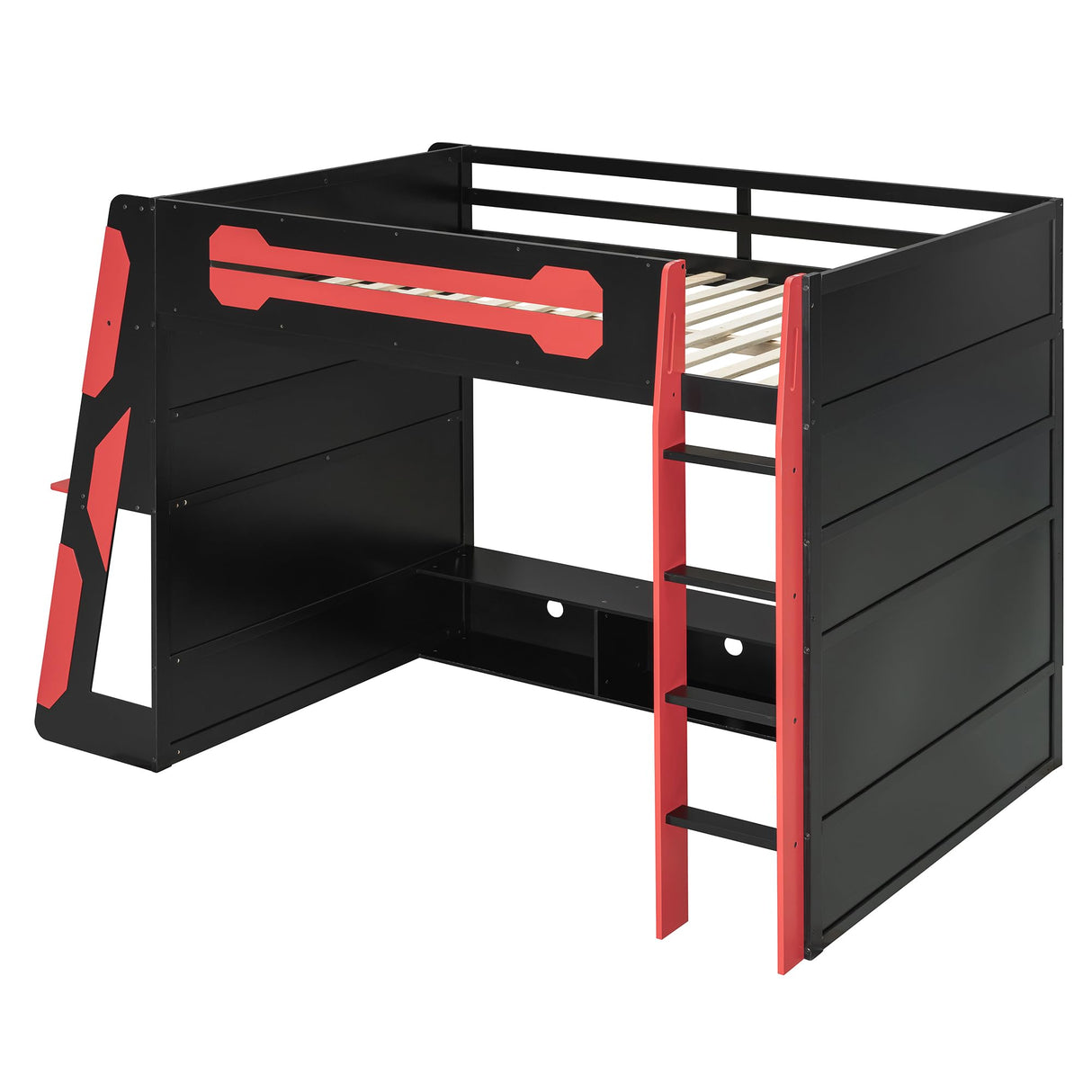Modern Full Size Wood Gaming Loft Bed with Desk and Charging Station, Multi-Storage Shelves and LED,for Kids Teens Adults Bedroom Use (Red#RGB, Full) KLMM