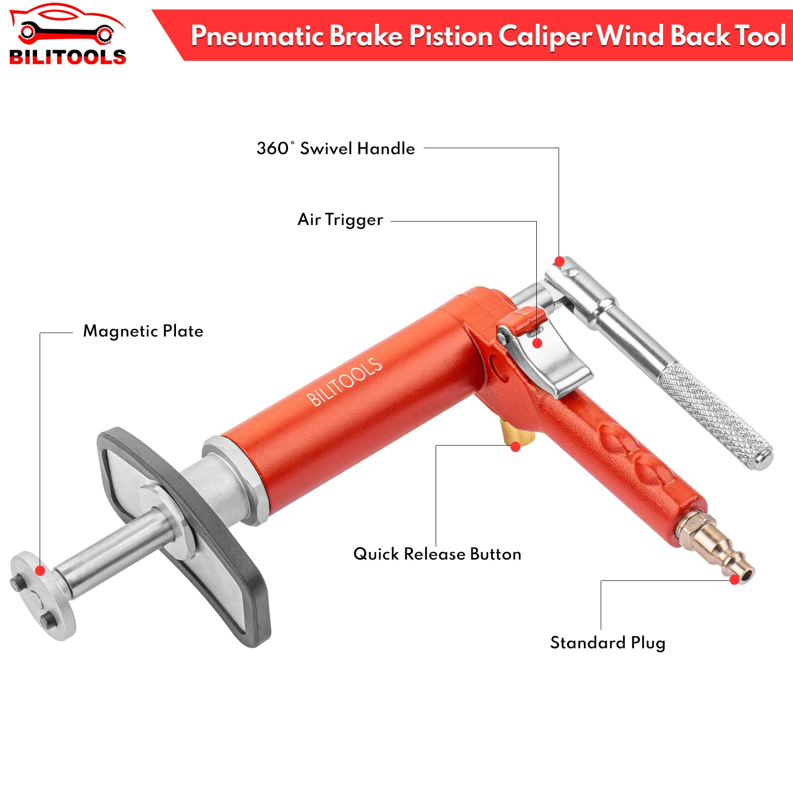 BILITOOLS Pneumatic Brake Caliper Compression Tool, 24-Piece Air Operated Disc Brake Piston Wind Back Rewind Tool Set - WoodArtSupply