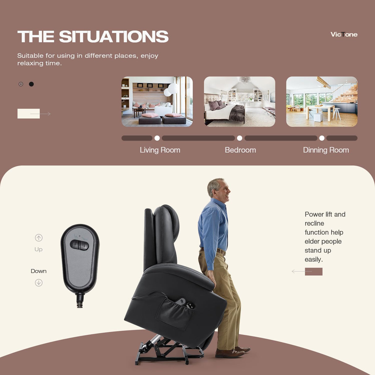 VICTONE Electric Power Lift Recliner Chair for Elderly Reclining Sofa for Living Room with Massage, Side Pockets and Cup Holders (Leather, Black) VICTONE