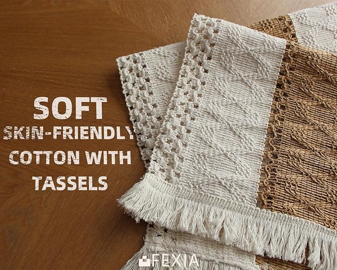 FEXIA Boho Placemats Set of 6, Macrame Table Decor Farmhouse Style Placemats in Natural Cotton Burlap, for Kitchen and Dining Table Centerpiece Home Decorations（Beige & Brown） FEXIA