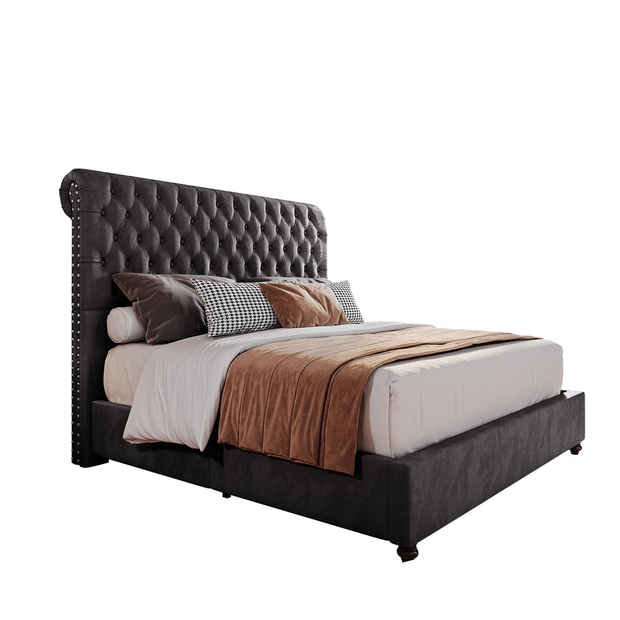 PaPaJet Bed Frame Queen Size Upholstered Platform Bed with 52.8'' Tall Sleigh Headboard, Button Tufted, No Box Spring Needed, Easy Assembly, Dark Grey PaPaJet